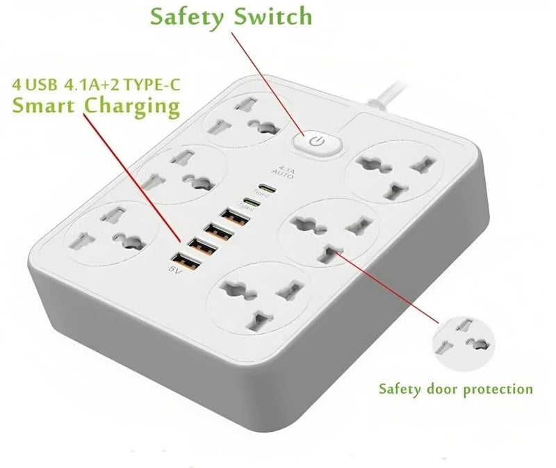 NOJTI Extension Board, Power Strip with 6 USB Ports and 3 Universal Socket, 2500W 10A Extension Cord, 3-Pin Surge Protector Power Strip for Home, Office, Computer, Mobile Charging (Black-Z67) - Image 3