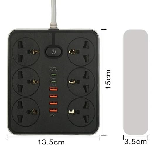 NOJTI Extension Board, Power Strip with 6 USB Ports and 3 Universal Socket, 2500W 10A Extension Cord, 3-Pin Surge Protector Power Strip for Home, Office, Computer, Mobile Charging (Black-Z67) - Image 2