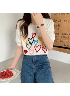 Generic Elegant Autumn Cropped Knit Top T-Shirt Love Embroidery White 