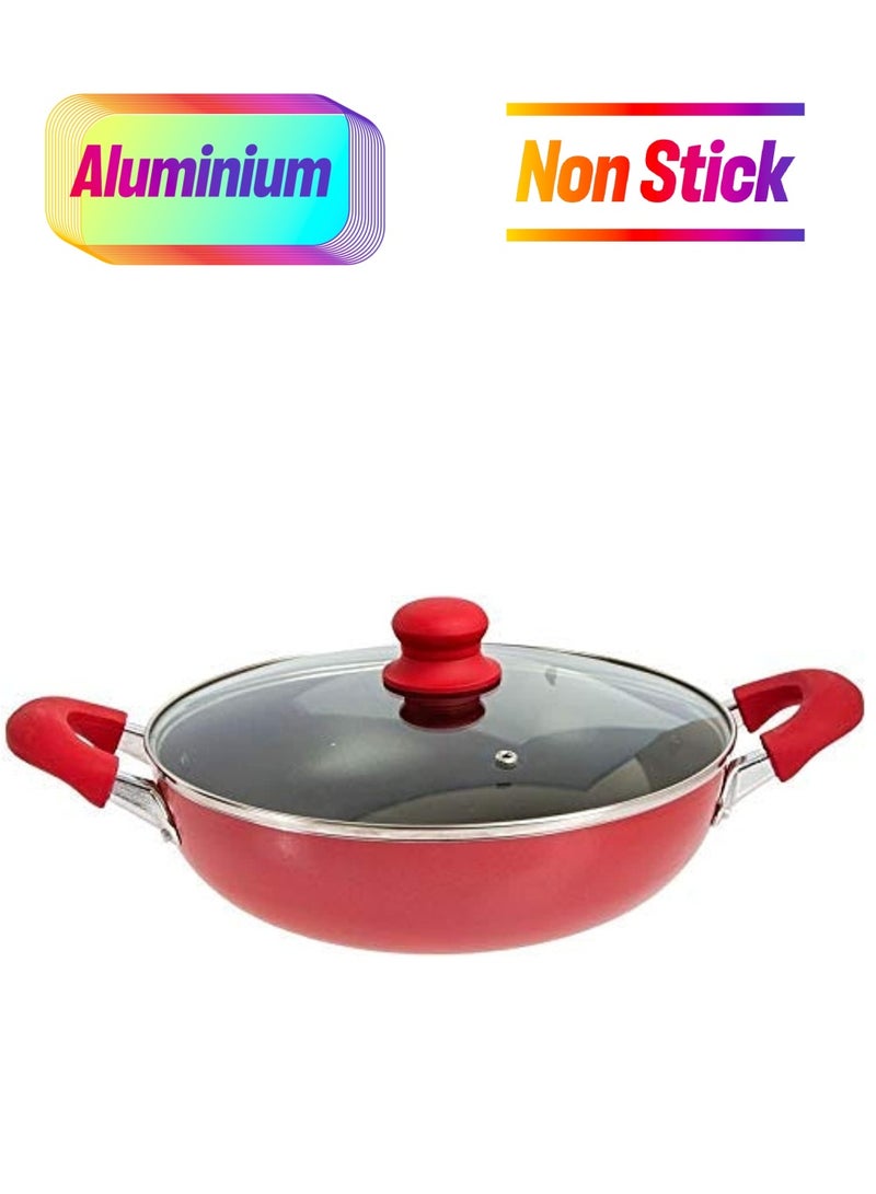 سويت هوم مقلاة ووك غير لاصقة من الألومنيوم للمطبخ، وعاء طهي حثي 28 سم، ملحقات مقلاة عميقة بغطاء زجاجي، مقلاة مسطحة من الألومنيوم متوافقة مع 28 سم (أحمر) - Image 1