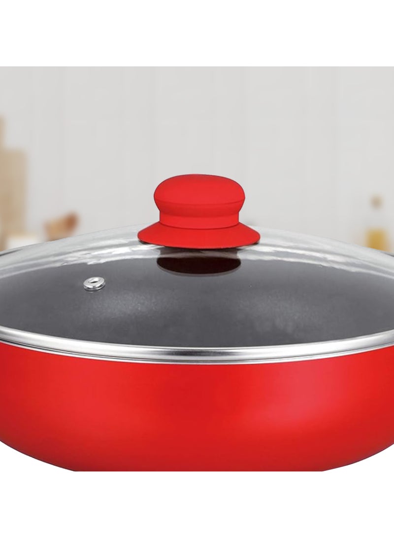 سويت هوم مقلاة ووك غير لاصقة من الألومنيوم للمطبخ، وعاء طهي حثي 28 سم، ملحقات مقلاة عميقة بغطاء زجاجي، مقلاة مسطحة من الألومنيوم متوافقة مع 28 سم (أحمر) - Image 4