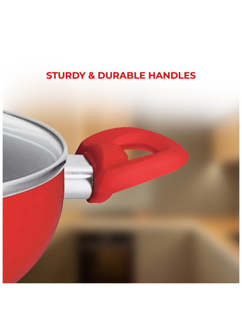 سويت هوم مقلاة ووك غير لاصقة من الألومنيوم للمطبخ، وعاء طهي حثي 28 سم، ملحقات مقلاة عميقة بغطاء زجاجي، مقلاة مسطحة من الألومنيوم متوافقة مع 28 سم (أحمر) - Image 3