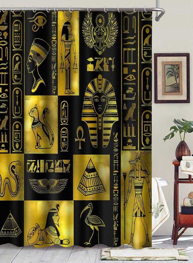 NTETSN ستائر حمام بنمط مصري من إن تي إي تي إس إن، بتصميم فني مستوحى من الملكة والملك والفراعنة المصريين، مع عناصر أبجدية وكتابية قديمة، مصنوعة من قماش البوليستر، طقم ديكور حمام مع 12 خطافًا بلاستيكيًا، مقاس 72 × 72 بوصة - Image 2