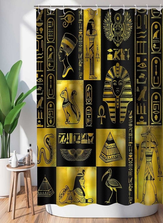 NTETSN ستائر حمام بنمط مصري من إن تي إي تي إس إن، بتصميم فني مستوحى من الملكة والملك والفراعنة المصريين، مع عناصر أبجدية وكتابية قديمة، مصنوعة من قماش البوليستر، طقم ديكور حمام مع 12 خطافًا بلاستيكيًا، مقاس 72 × 72 بوصة - Image 5