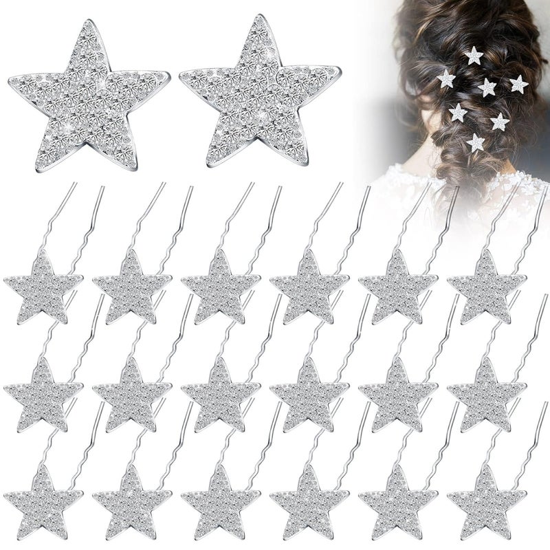 MTLEE 20 Pieces Star Rhinestone Hair Pins Bling Crystal Wedding Hair Clips for Brides Glitter Star for Girl Women AccessoriesSilver