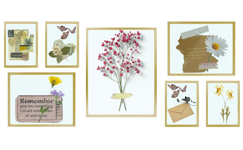 Frametory Floating Picture Frames Set  Gold Metal Photo Frames  Real Glass  Displays One 11x14 Two 8x10 And Four 5x7 Inch Photos for Home Decoration