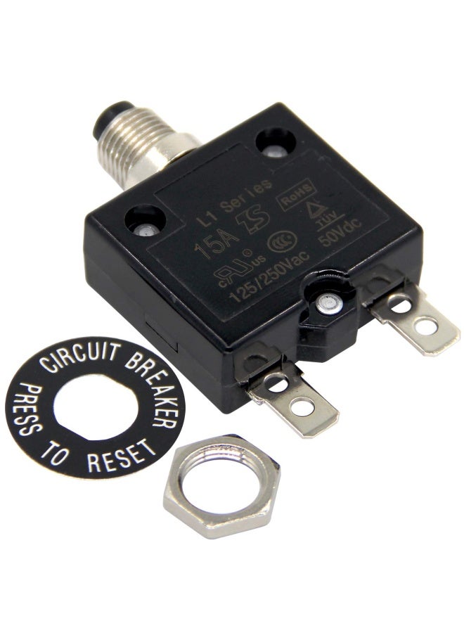 Rkurck  125-250V AC 50V DC Push Button Circuit Breaker 15Amp Thermal Overload Protector L1 Series Manual Reset Thermal Circuit Breaker 15A  - Image 1