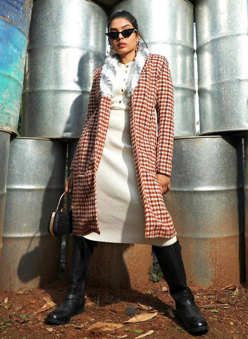 كامبوس سوترا معطف طويل نسائي بنقشة كلاب بني كستنائي بياقة فرو صناعي للملابس الكاجوال