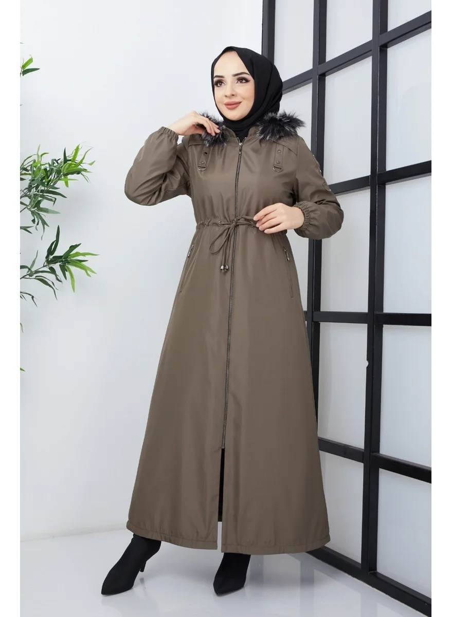 Kmk Kombin KMK Combined Patterned Waist Belted Under Lining Fiber Hat Furry Long Coat & Jacket