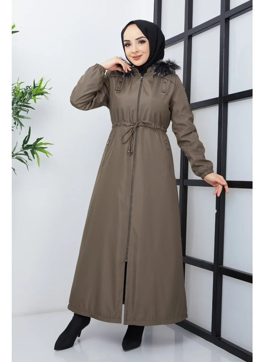 Kmk Kombin KMK Combined Patterned Waist Belted Under Lining Fiber Hat Furry Long Coat & Jacket