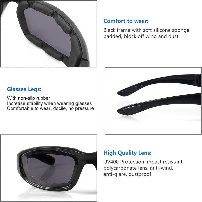 YARDHOBI 3 Pair Motorcycle Riding Glasses, Foam Padded Eyewear Goggles, UV Protection Anti-Wind Dustproof Motorcycle Sunglasses for Outdoor Activities Sports (Transparent, Yellow, Grey) - Image 4