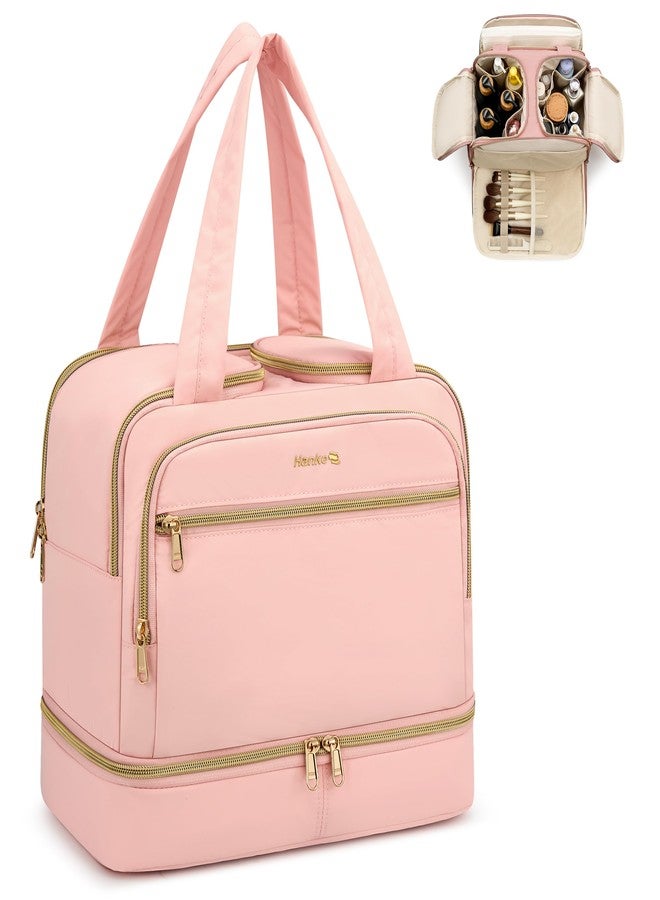 Hanke Travel Toiletry Bag, Lightweight Wide-open Large Toiletry Bags for Women, Dual-Layer Makeup Bag Water-Resistant Cosmetic Travel Bag with Handle for Accessories, Essentials, Pink - Image 1