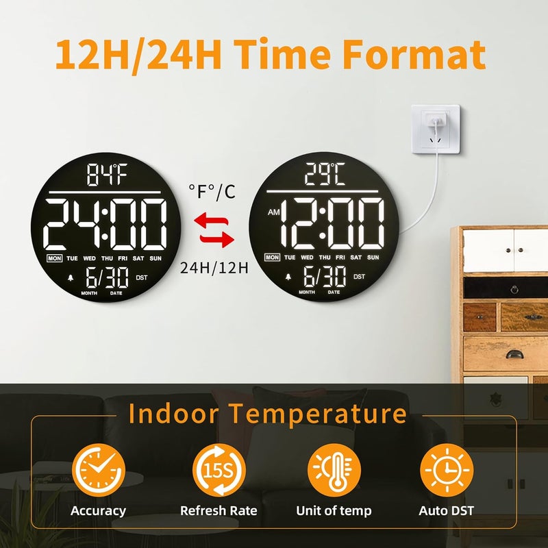 Mee 2ou 10 Inch Digital Wall Clock with Night Light, Alarm, Remote Control, 11 RGB Colours, Auto Brightness, Temperature Display, Date & Day of the Week, Modern Electric LED Wall Clock for Bedroom and - Image 2