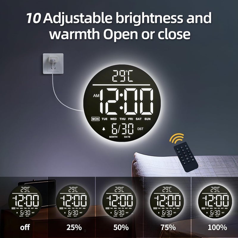 Mee 2ou 10 Inch Digital Wall Clock with Night Light, Alarm, Remote Control, 11 RGB Colours, Auto Brightness, Temperature Display, Date & Day of the Week, Modern Electric LED Wall Clock for Bedroom and - Image 4