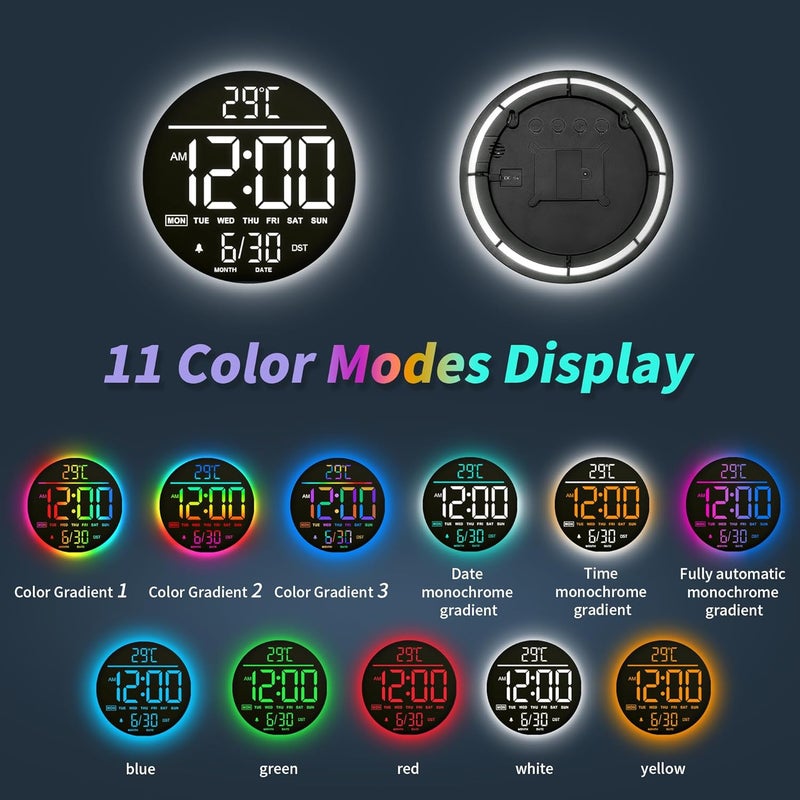 Mee 2ou 10 Inch Digital Wall Clock with Night Light, Alarm, Remote Control, 11 RGB Colours, Auto Brightness, Temperature Display, Date & Day of the Week, Modern Electric LED Wall Clock for Bedroom and - Image 3