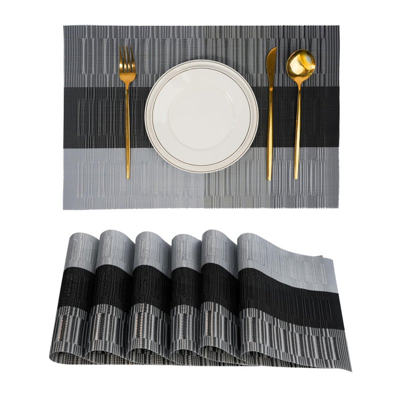 flohar Placemats Set of 6ï¼ŒNon-Slip PVC Weave Table Mats Easy to Cleanï¼ŒHeat Resistant Place Mats for Kitchen Dining Table Decoration Indoor Outdoorï¼ŒBlack Gray - Image 1