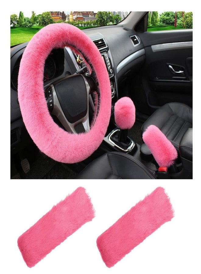 Yourkar 5 PCS Fluffy Steering Wheel Covers Set, Faux Wool Steering Wheel Cover & Handbrake Cover & Gear Shift Cover & 2 Seat Belt Shoulder Pads, Universal Car Accessories (Pink) - Image 1