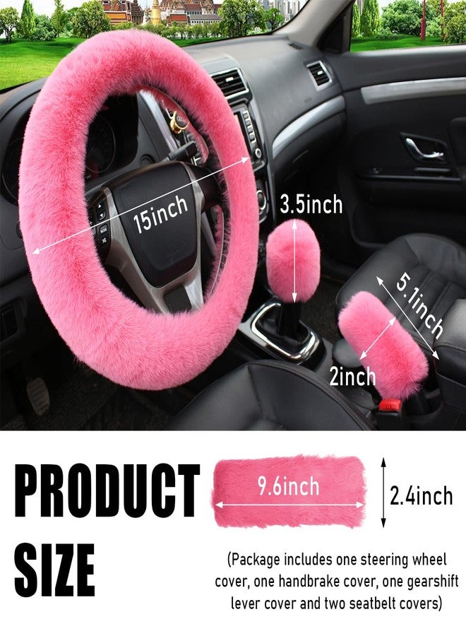 Yourkar 5 PCS Fluffy Steering Wheel Covers Set, Faux Wool Steering Wheel Cover & Handbrake Cover & Gear Shift Cover & 2 Seat Belt Shoulder Pads, Universal Car Accessories (Pink) - Image 2