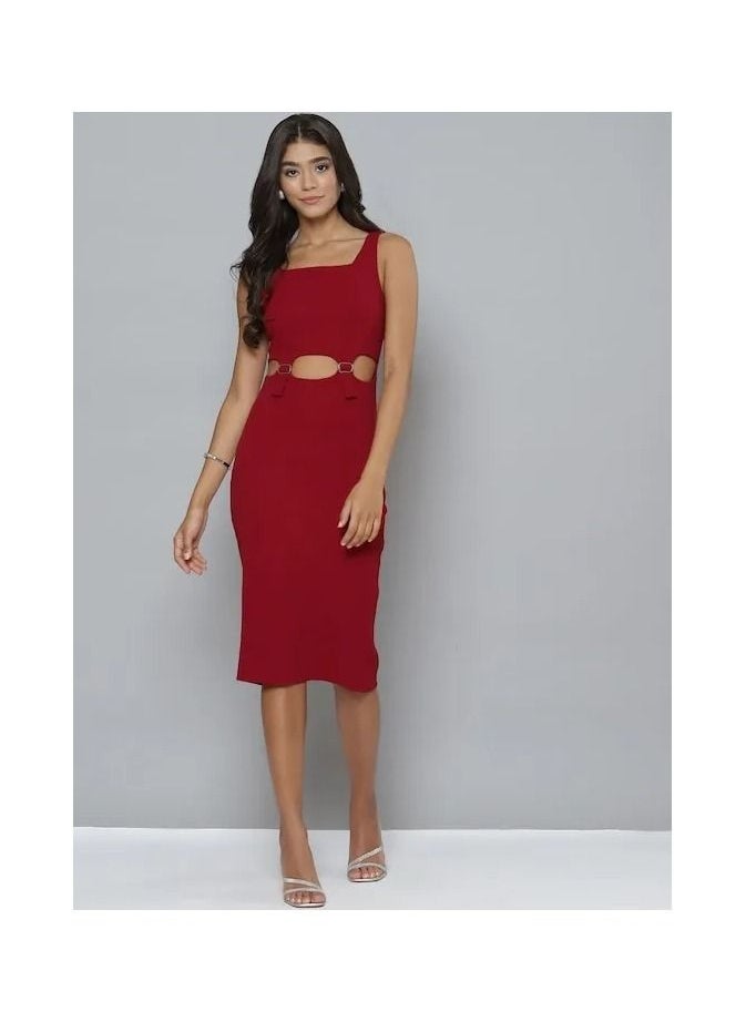 SASSAFRAS - MAROON CUT OUT BUCKLE DETAIL BODYCON DRESS - Image 1