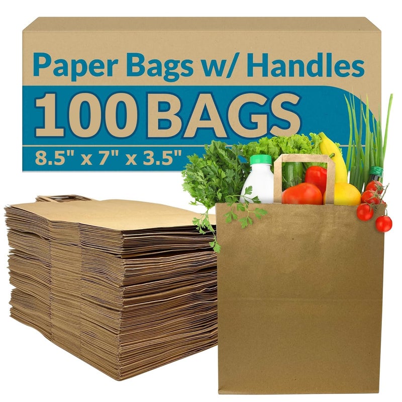 Aakriti Strap Handle Paper Grocery Bags w/Handles Paper Grocery Bags, Shopping Bags w/Handles - Heavy Retail Bags, Return Gift Bag, Kraft Paper Bags (Brown-100 Bags, Small: 8.5" x 7" x 3.5") - Image 1