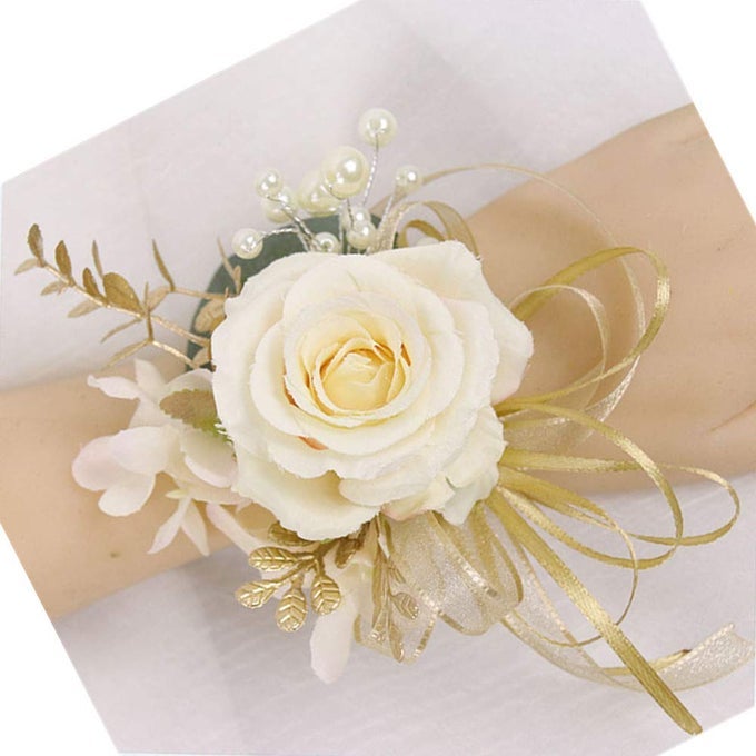 2PC PACKHANDMADE ARTIFICIAL FLOWER ROSE WITH GOLD LEAVES RIBBONS ARTIFICIAL PEARLS WRIST CORSAGE HAND FLOWER WITH ELASTIC WRISTBAND FOR GIRL BRIDESMAID WEDDING PARTY PROM WRIST CORSAGE