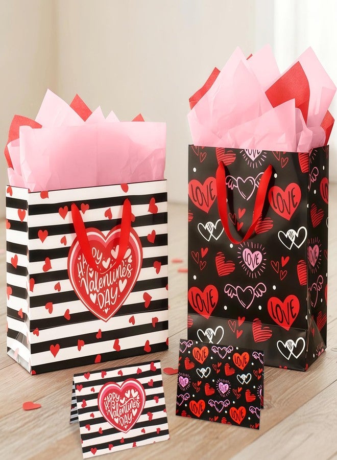 Actilize 13" Valentine's Day Gift Bags 2-Pack with Cards & Tissue Papers - Red Heart Themed Gift Bag Set for for Valentines Day, Galentines Day, Mother's Day, Father's Day, Anniversary (Stripe&Black) - Image 1