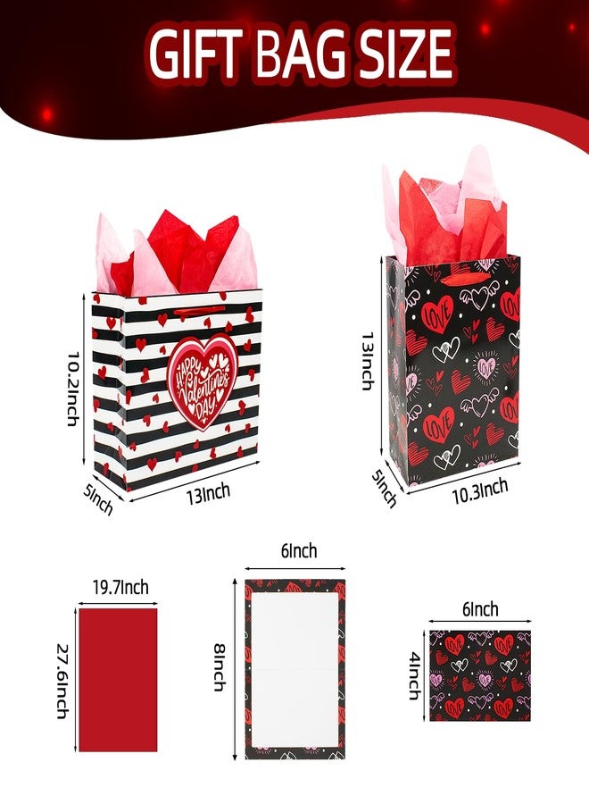 Actilize 13" Valentine's Day Gift Bags 2-Pack with Cards & Tissue Papers - Red Heart Themed Gift Bag Set for for Valentines Day, Galentines Day, Mother's Day, Father's Day, Anniversary (Stripe&Black) - Image 2