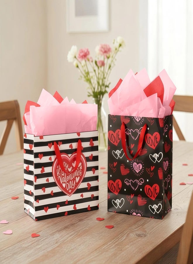Actilize 13" Valentine's Day Gift Bags 2-Pack with Cards & Tissue Papers - Red Heart Themed Gift Bag Set for for Valentines Day, Galentines Day, Mother's Day, Father's Day, Anniversary (Stripe&Black) - Image 4