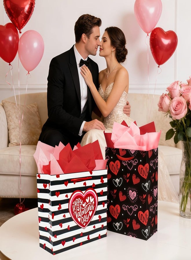 Actilize 13" Valentine's Day Gift Bags 2-Pack with Cards & Tissue Papers - Red Heart Themed Gift Bag Set for for Valentines Day, Galentines Day, Mother's Day, Father's Day, Anniversary (Stripe&Black) - Image 5