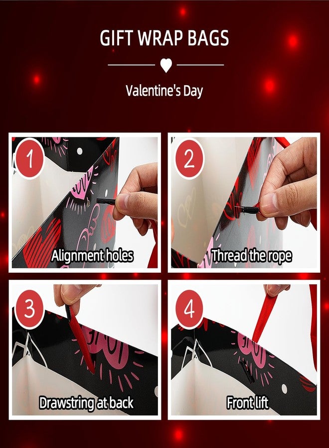 Actilize 13" Valentine's Day Gift Bags 2-Pack with Cards & Tissue Papers - Red Heart Themed Gift Bag Set for for Valentines Day, Galentines Day, Mother's Day, Father's Day, Anniversary (Stripe&Black) - Image 3