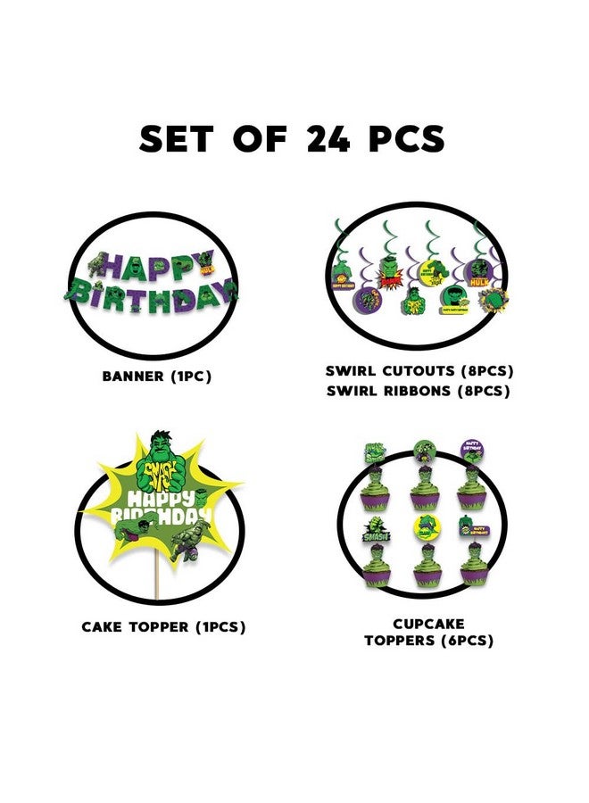 Festiko® Set of 24 Pcs Superhero Hullk Theme Happy Birthday Combo (Banner, Swirls With Cutouts, Cake & Cupcake Toppers), superhero theme birthday decorations - Image 2