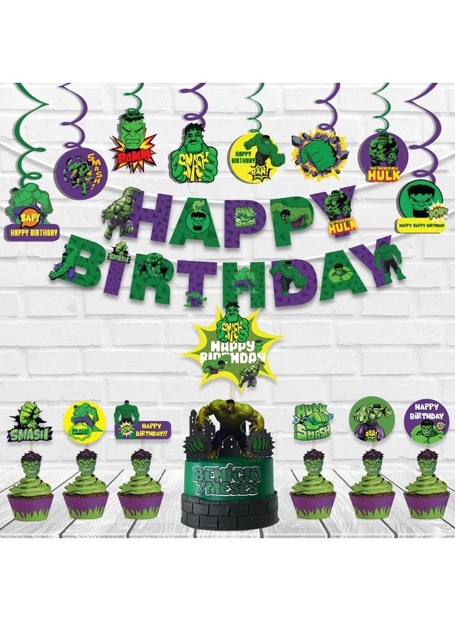 Festiko® Set of 24 Pcs Superhero Hullk Theme Happy Birthday Combo (Banner, Swirls With Cutouts, Cake & Cupcake Toppers), superhero theme birthday decorations - Image 3
