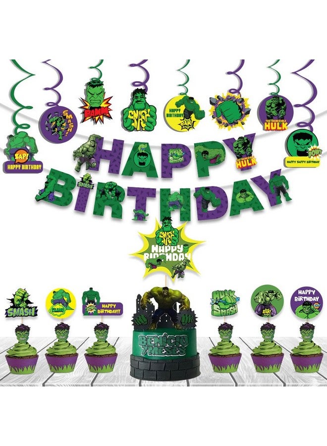 Festiko® Set of 24 Pcs Superhero Hullk Theme Happy Birthday Combo (Banner, Swirls With Cutouts, Cake & Cupcake Toppers), superhero theme birthday decorations - Image 1