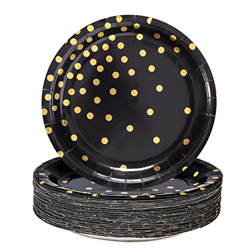 CENLBJ Black and Gold Party Supplies, Black Paper Dessert Plates for Birthday Graduation (50-Count) - Image 1