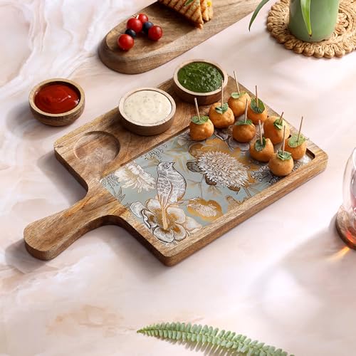 DULI Handcrafted Mango Wood Serving Platter with 3 Dip Bowls | Traditional Jamawar Kashmiri Print | Waterproof, Heat-Resistant, Food-Safe Lacquer Finish | 15.5 x 10 Inch | Made in India (3Katori: GreyBird) - Image 1