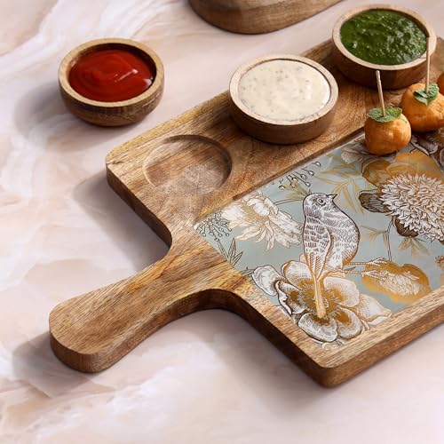 DULI Handcrafted Mango Wood Serving Platter with 3 Dip Bowls | Traditional Jamawar Kashmiri Print | Waterproof, Heat-Resistant, Food-Safe Lacquer Finish | 15.5 x 10 Inch | Made in India (3Katori: GreyBird) - Image 2