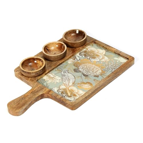 DULI Handcrafted Mango Wood Serving Platter with 3 Dip Bowls | Traditional Jamawar Kashmiri Print | Waterproof, Heat-Resistant, Food-Safe Lacquer Finish | 15.5 x 10 Inch | Made in India (3Katori: GreyBird) - Image 4