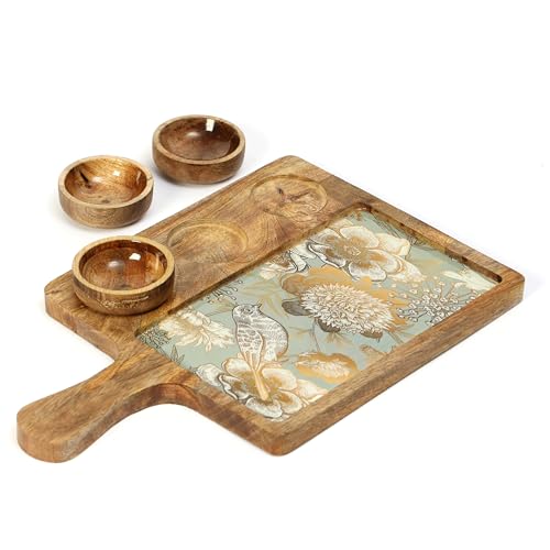 DULI Handcrafted Mango Wood Serving Platter with 3 Dip Bowls | Traditional Jamawar Kashmiri Print | Waterproof, Heat-Resistant, Food-Safe Lacquer Finish | 15.5 x 10 Inch | Made in India (3Katori: GreyBird) - Image 5