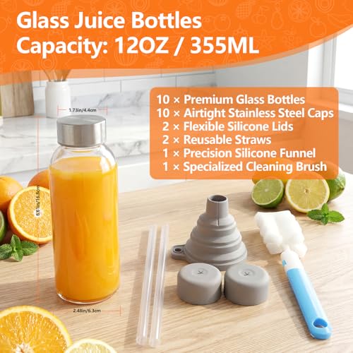Luxfuel Glass Juice Bottles with Lid 12 oz, 10 Pack Reusable Glass Water Bottles with Stainless Steel Cap & Straws, BPA Free, Leak Proof Juice Bottle Containers for Juicing, Smoothies & Fridge Storage - Image 4