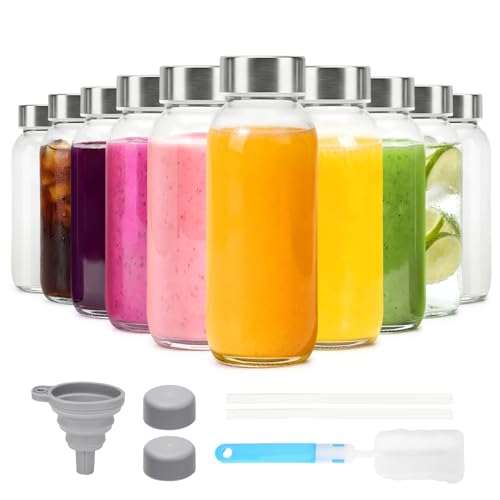 Luxfuel Glass Juice Bottles with Lid 12 oz, 10 Pack Reusable Glass Water Bottles with Stainless Steel Cap & Straws, BPA Free, Leak Proof Juice Bottle Containers for Juicing, Smoothies & Fridge Storage - Image 1