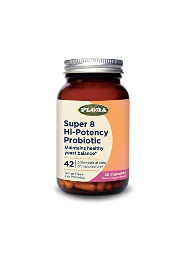 Flora Super 8 Hi Potency Probiotics 30 Count Healthy Yeast Balance & Digestive Health For Men & Women 42 Billion Cfu Raw Gluten Free Up To 1 Month Supply  - Image 1