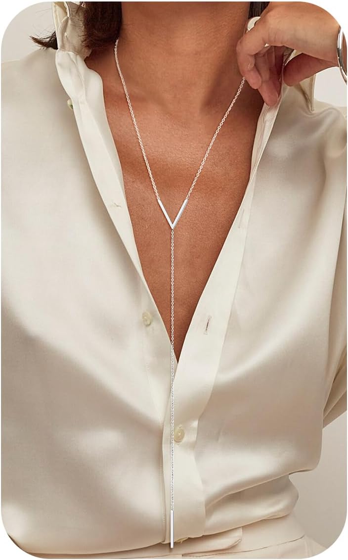 FOCALOOK Long Necklaces for Women 14K Gold Plated Dainty Drop Bar Pendant Lariat Y-Shaped Necklace Earring Set 28inch/73cm - Image 1