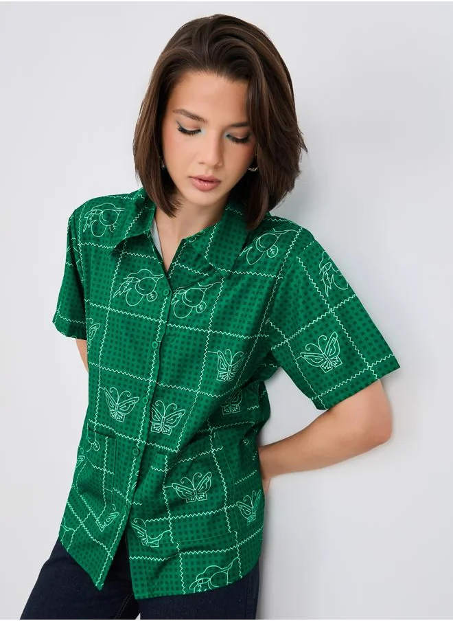 تايك تو Take Two Butterfly Print Spread Collar Short Sleeve Shirt