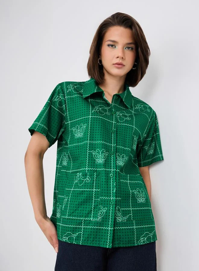 Take Two Take Two Butterfly Print Spread Collar Short Sleeve Shirt