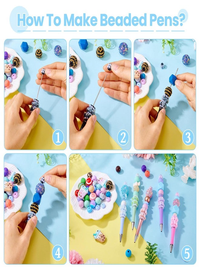 BB Beadthoven Beadthoven 5pcs Pearl Flower Beadable Pens, Fancy Glittery Beaded Pens Cute Rose Diamond Bead Pen Plastic Shaft Black Ink Ballpoint Pens for Gift Making School Office Supplies Wedding Pastel Blue - Image 5