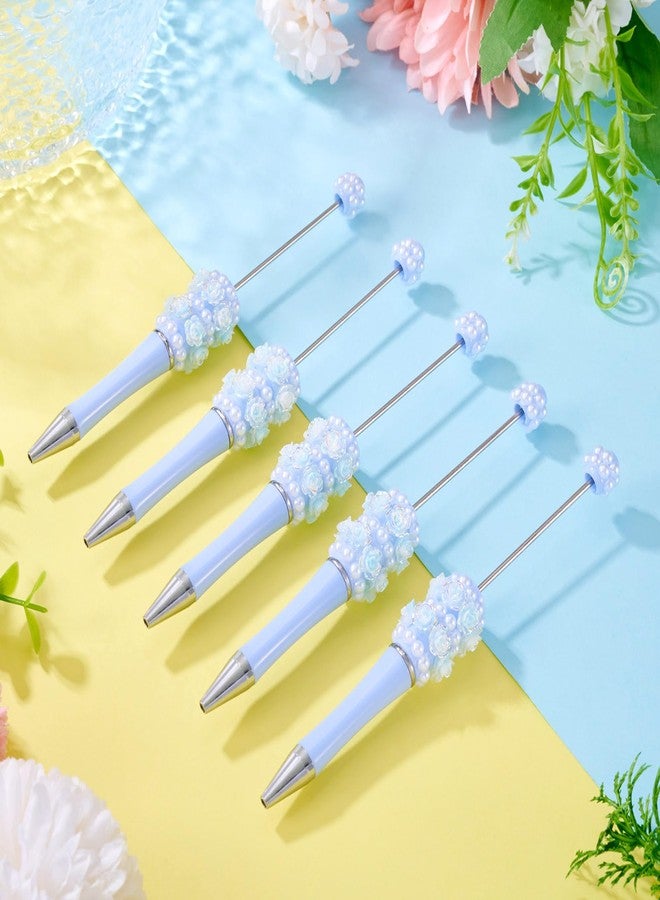 BB Beadthoven Beadthoven 5pcs Pearl Flower Beadable Pens, Fancy Glittery Beaded Pens Cute Rose Diamond Bead Pen Plastic Shaft Black Ink Ballpoint Pens for Gift Making School Office Supplies Wedding Pastel Blue - Image 3