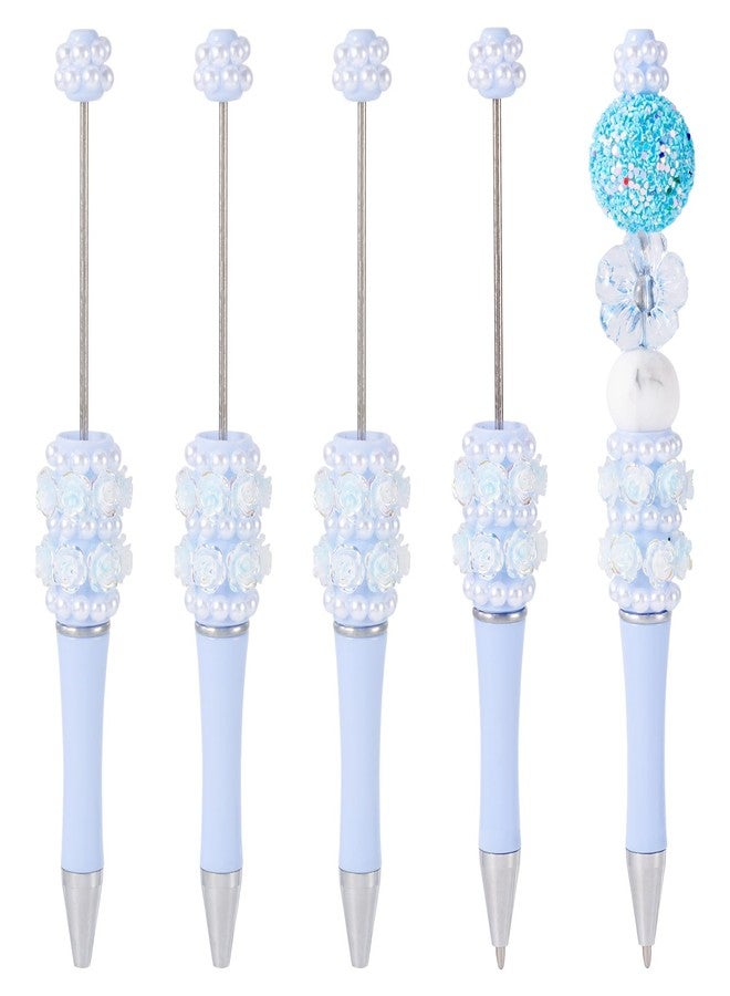 BB Beadthoven Beadthoven 5pcs Pearl Flower Beadable Pens, Fancy Glittery Beaded Pens Cute Rose Diamond Bead Pen Plastic Shaft Black Ink Ballpoint Pens for Gift Making School Office Supplies Wedding Pastel Blue - Image 1