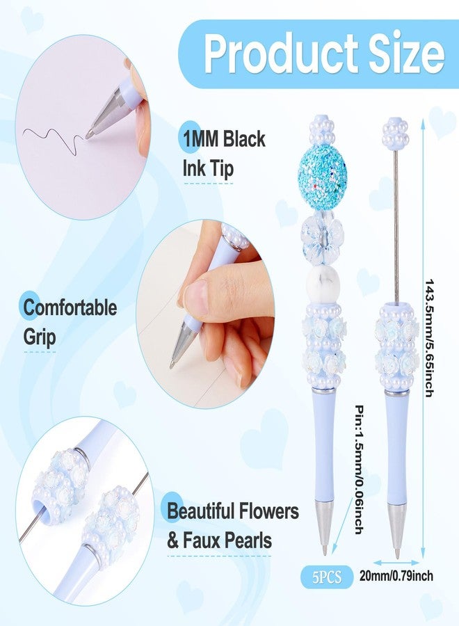 BB Beadthoven Beadthoven 5pcs Pearl Flower Beadable Pens, Fancy Glittery Beaded Pens Cute Rose Diamond Bead Pen Plastic Shaft Black Ink Ballpoint Pens for Gift Making School Office Supplies Wedding Pastel Blue - Image 2