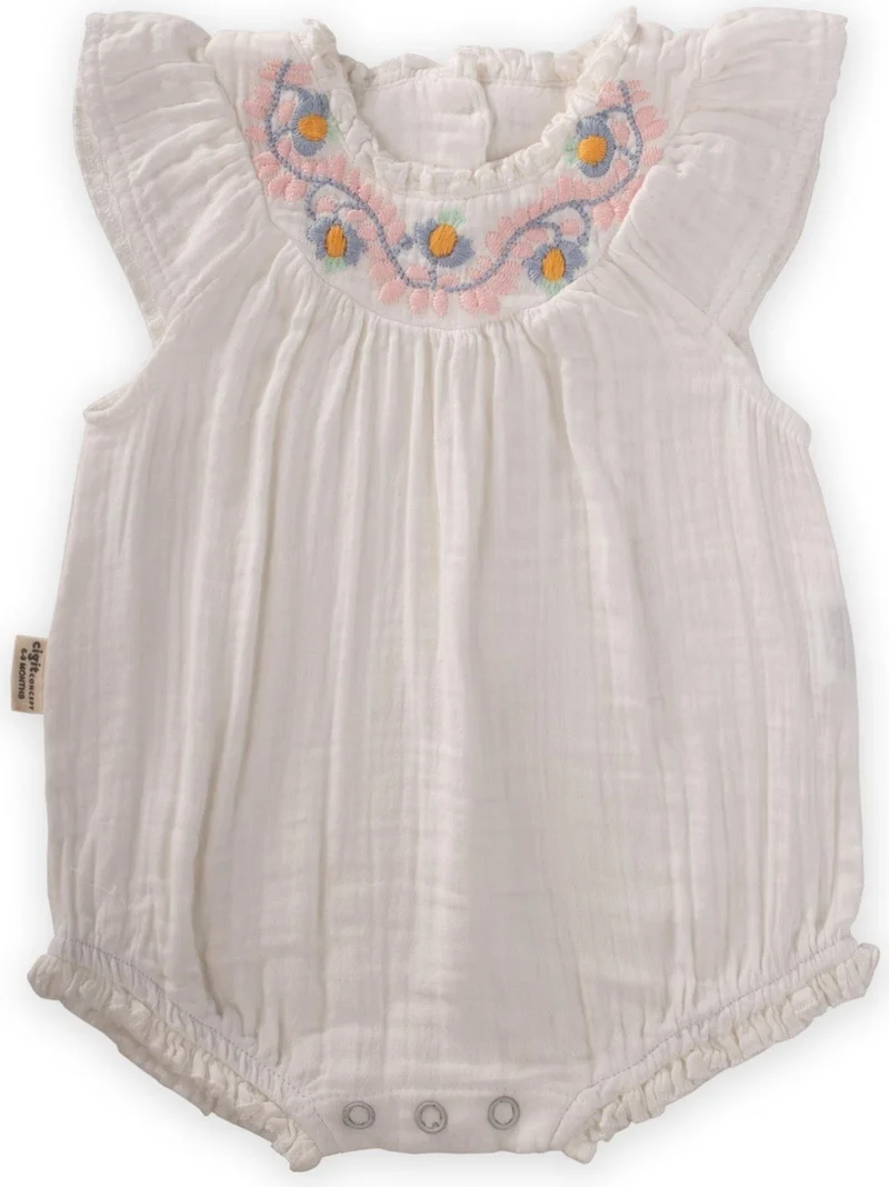 Cigit Embroidered Lace Detailed Muslin Bodysuit 0-3 Years Off White