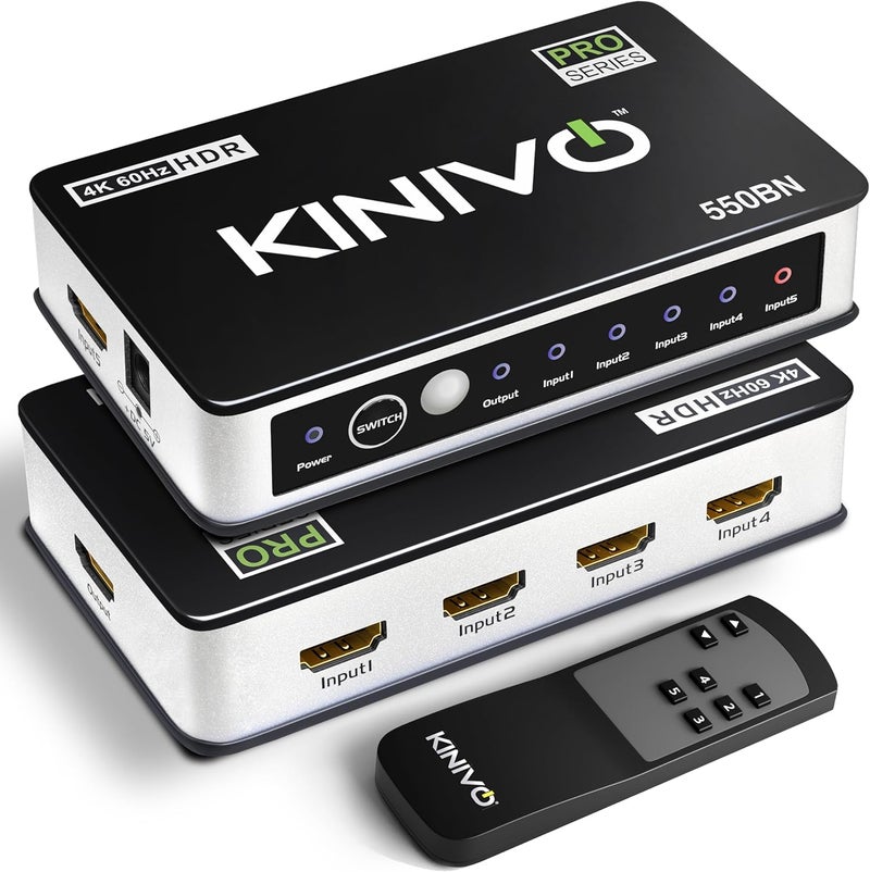 Kinivo HDMI Switch 4K HDR 550BN (5 in 1 Out, 4K 60Hz HDR, HDMI 2.0, High Speed 18Gbps, IR Remote, HDCP) - Compatible with Roku, PS5, Xbox, Apple TV, Nintendo Switch, Cable Box - Image 1